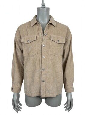 Forever 21 Women's Beige Corduroy Button-Up Shirt Shacket Size S Chest Pockets